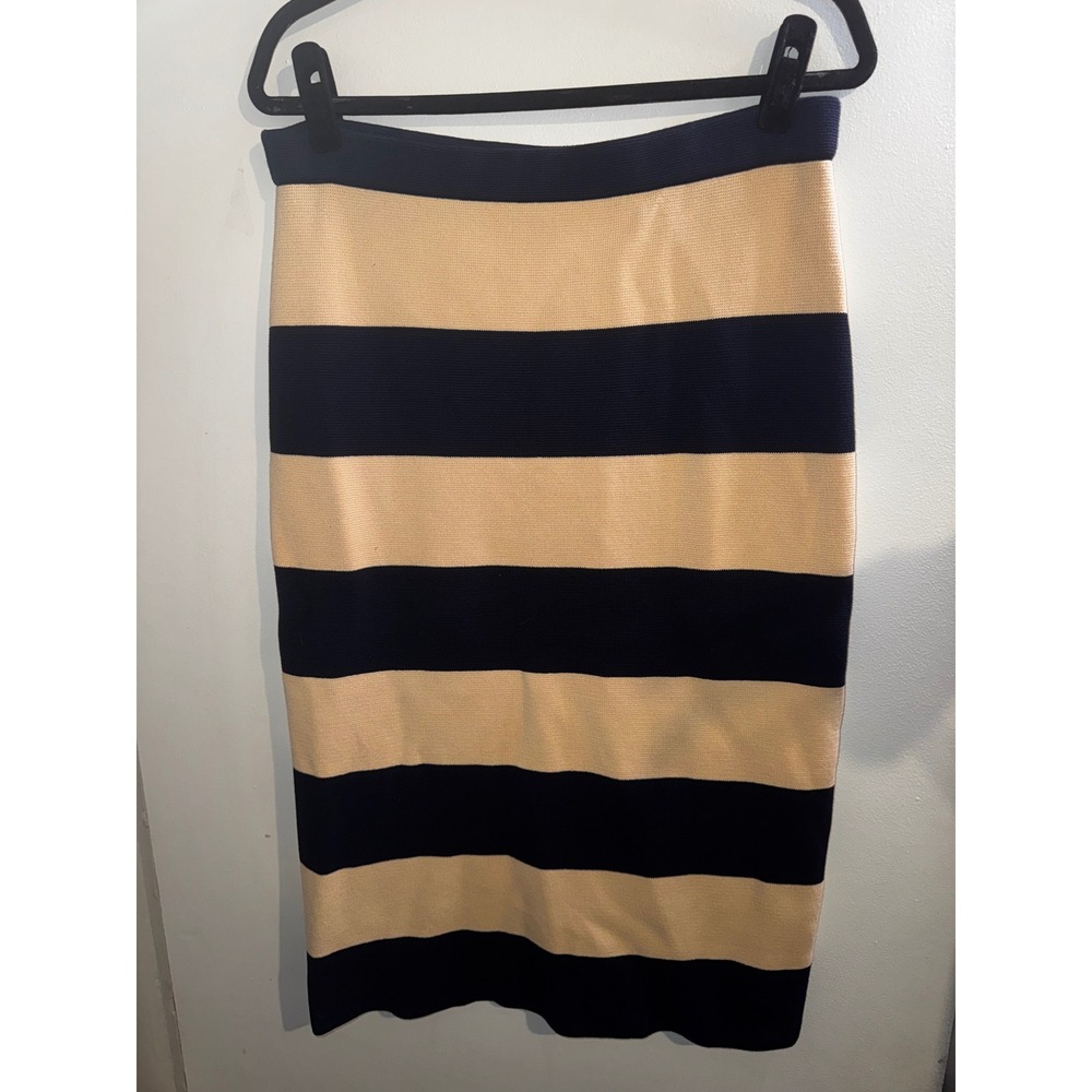 J.Crew Navy Beige Striped Knit Pencil Midi Skirt Large Preppy Modest